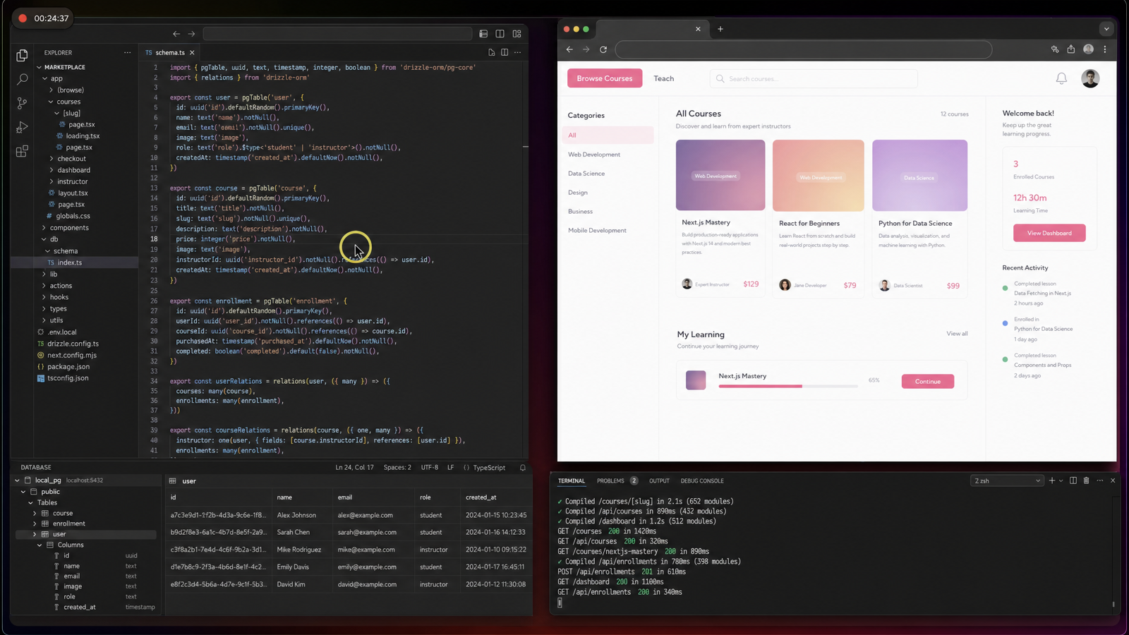 Next.js course marketplace build screen with code editor, database schema, and course preview panels