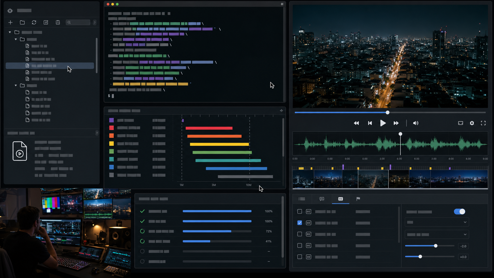 HLS video operations screen with media player, encoding terminal, bitrate ladder, and caption panels