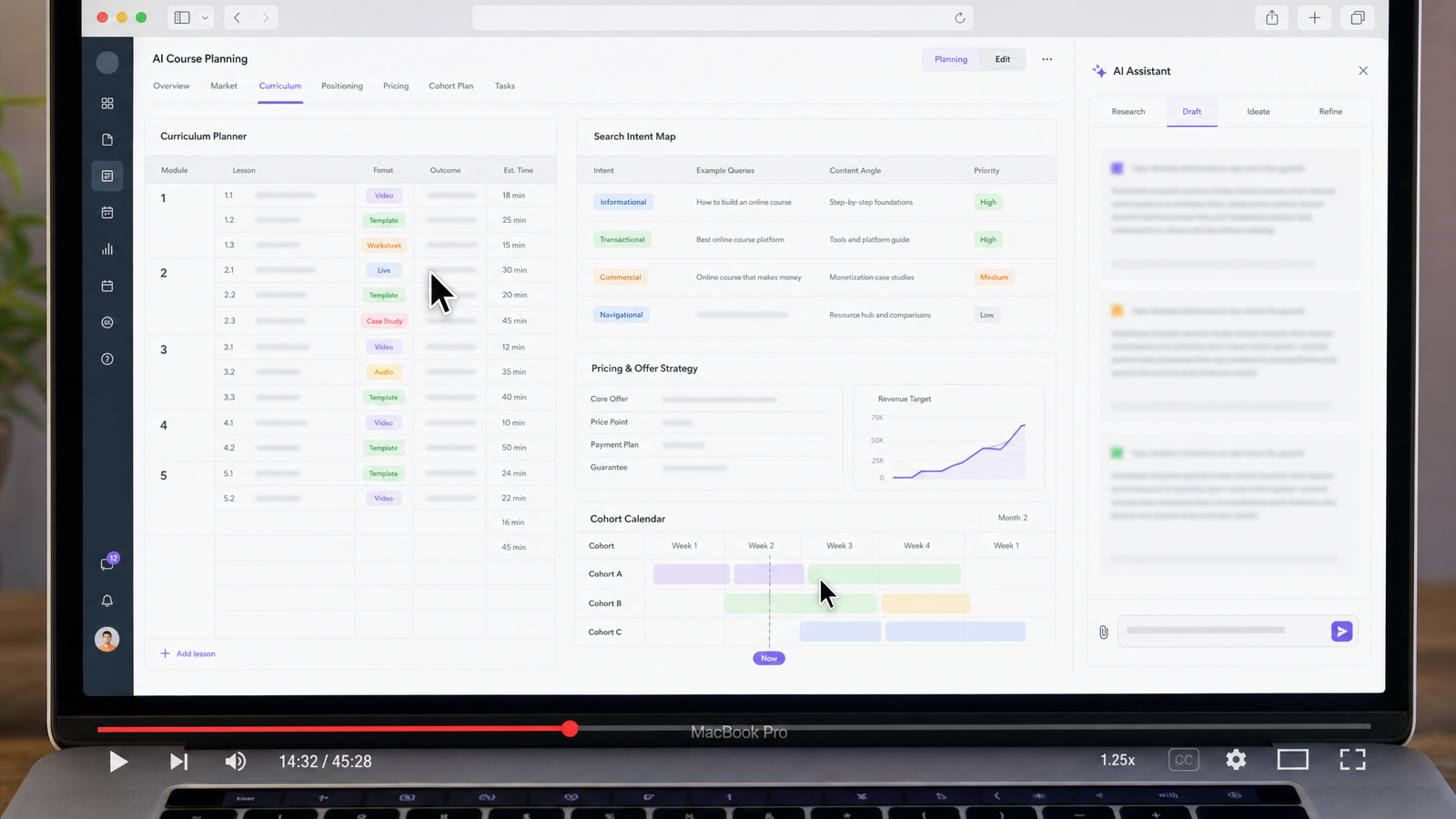 AI course planning screen with curriculum cards, search intent map, and landing copy outline