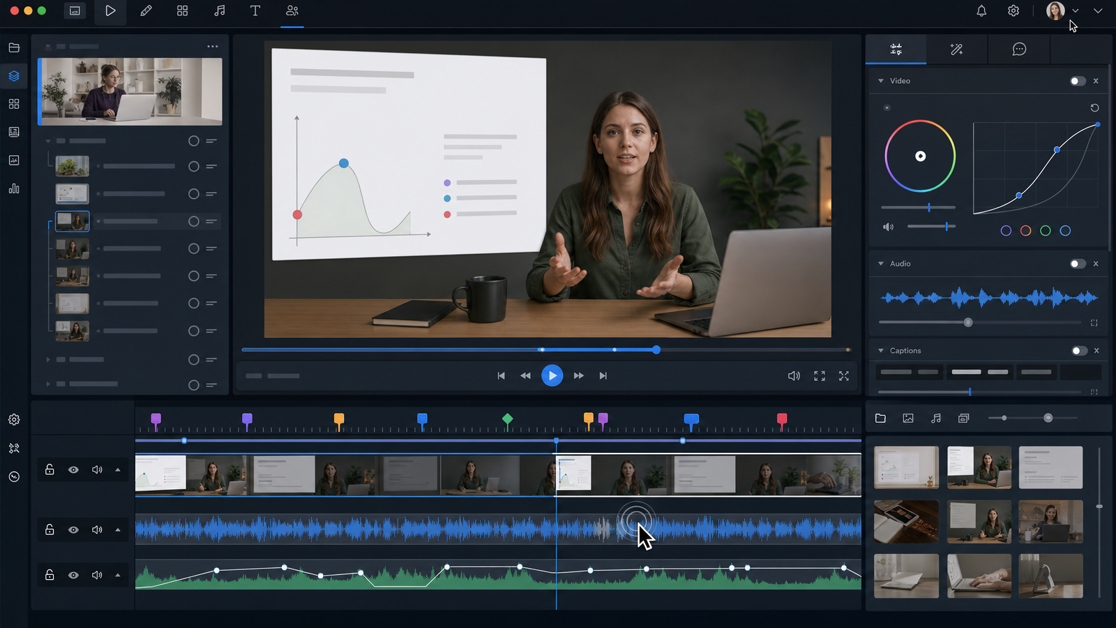 Course editing screen with timeline, audio waveform, thumbnail selector, and chapter markers