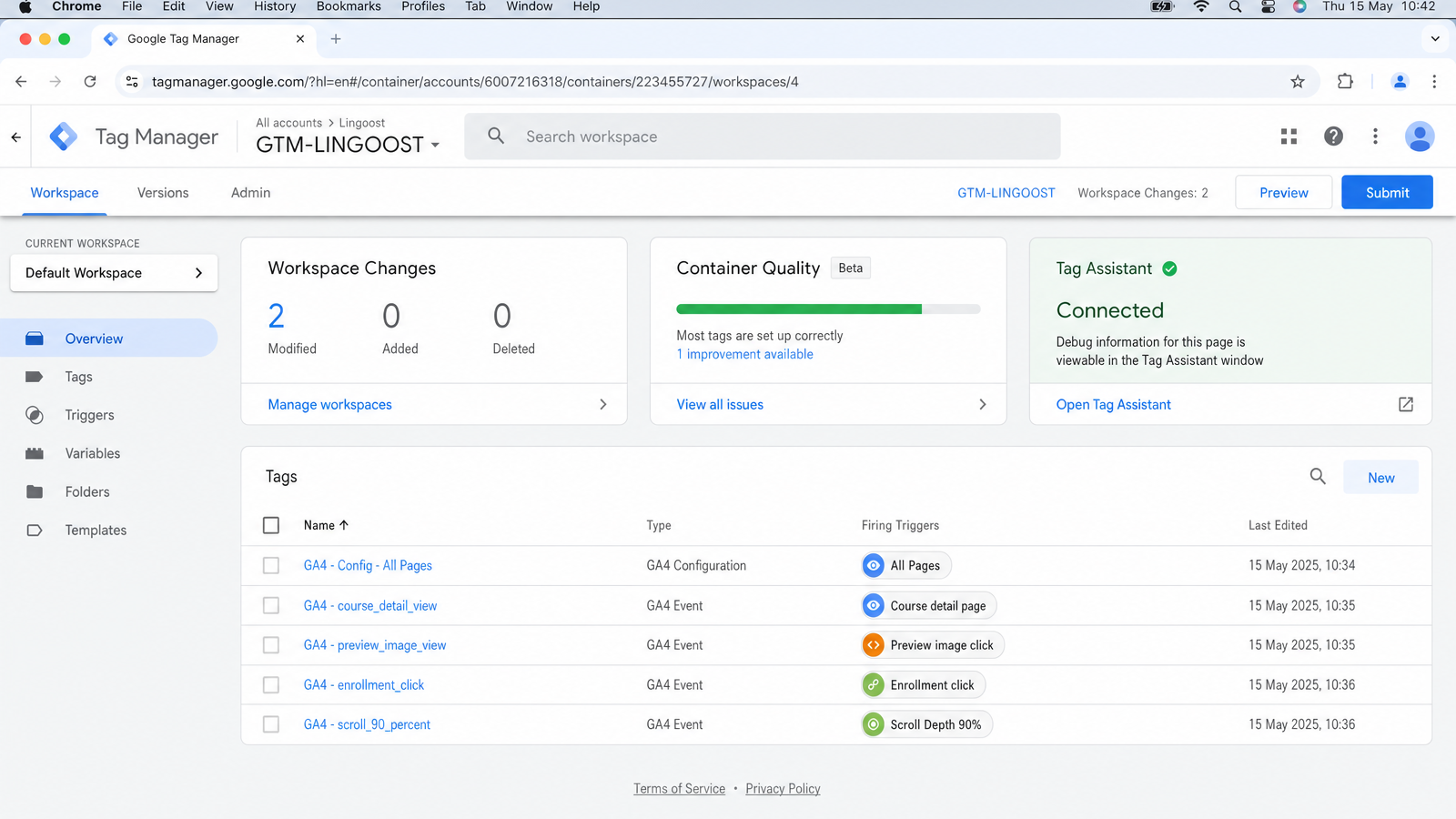 Google Tag Manager screenshot showing GA4 config and course detail tracking tags for course view, preview image view, and enrollment click