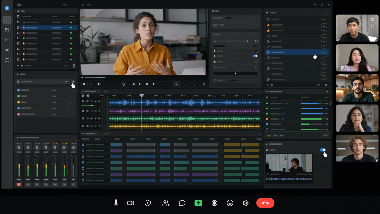 AI dubbing operations screen with audio tracks, caption timing, video preview, and language QA panels