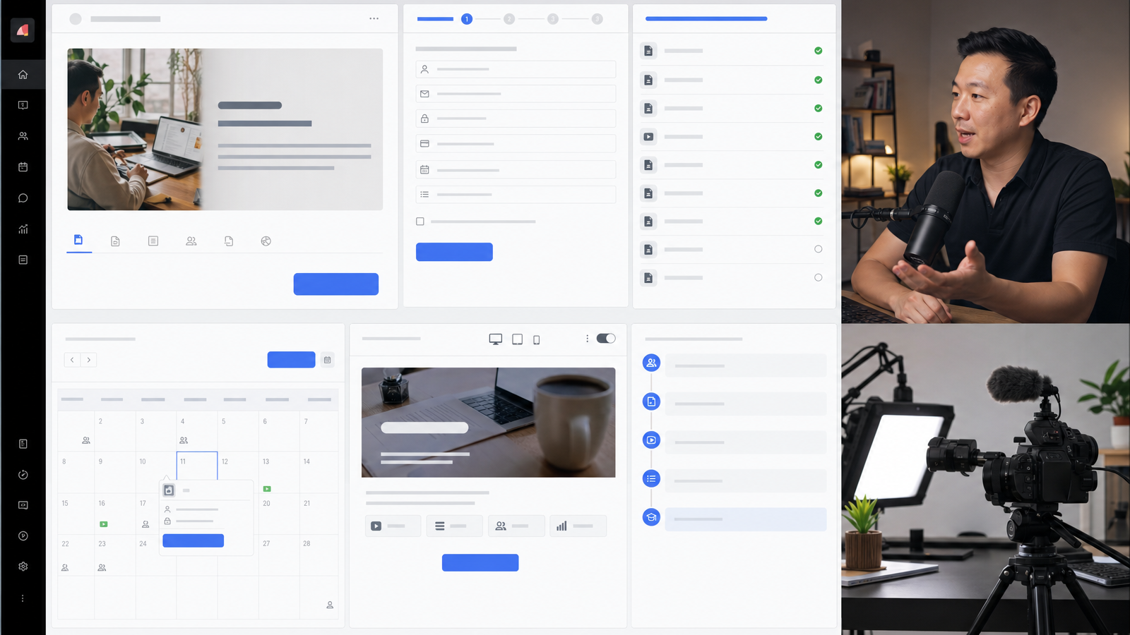 First course launch screen with course registration form, preview lesson upload, and cohort calendar