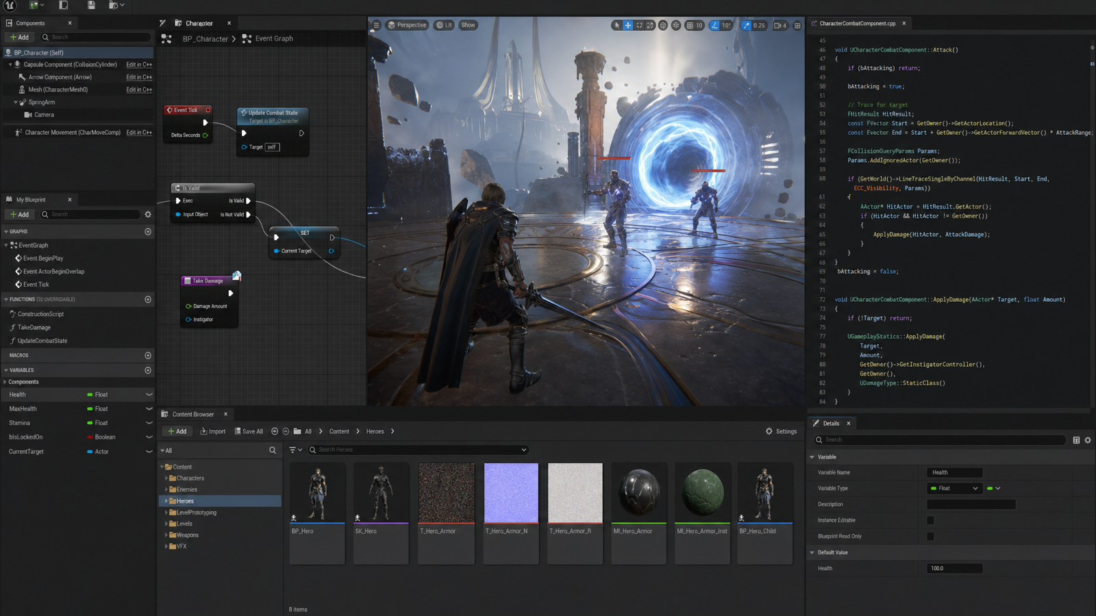 Unreal Engine style action RPG prototype editor with gameplay code, blueprint panels, and combat arena viewport