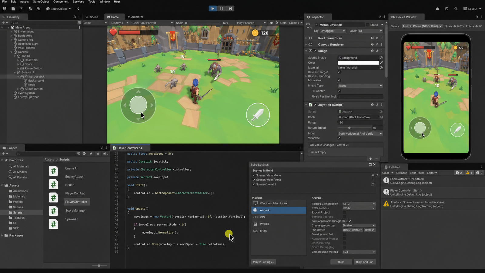 Unity style mobile action game editor with arena viewport, C sharp script panel, inspector, and phone preview