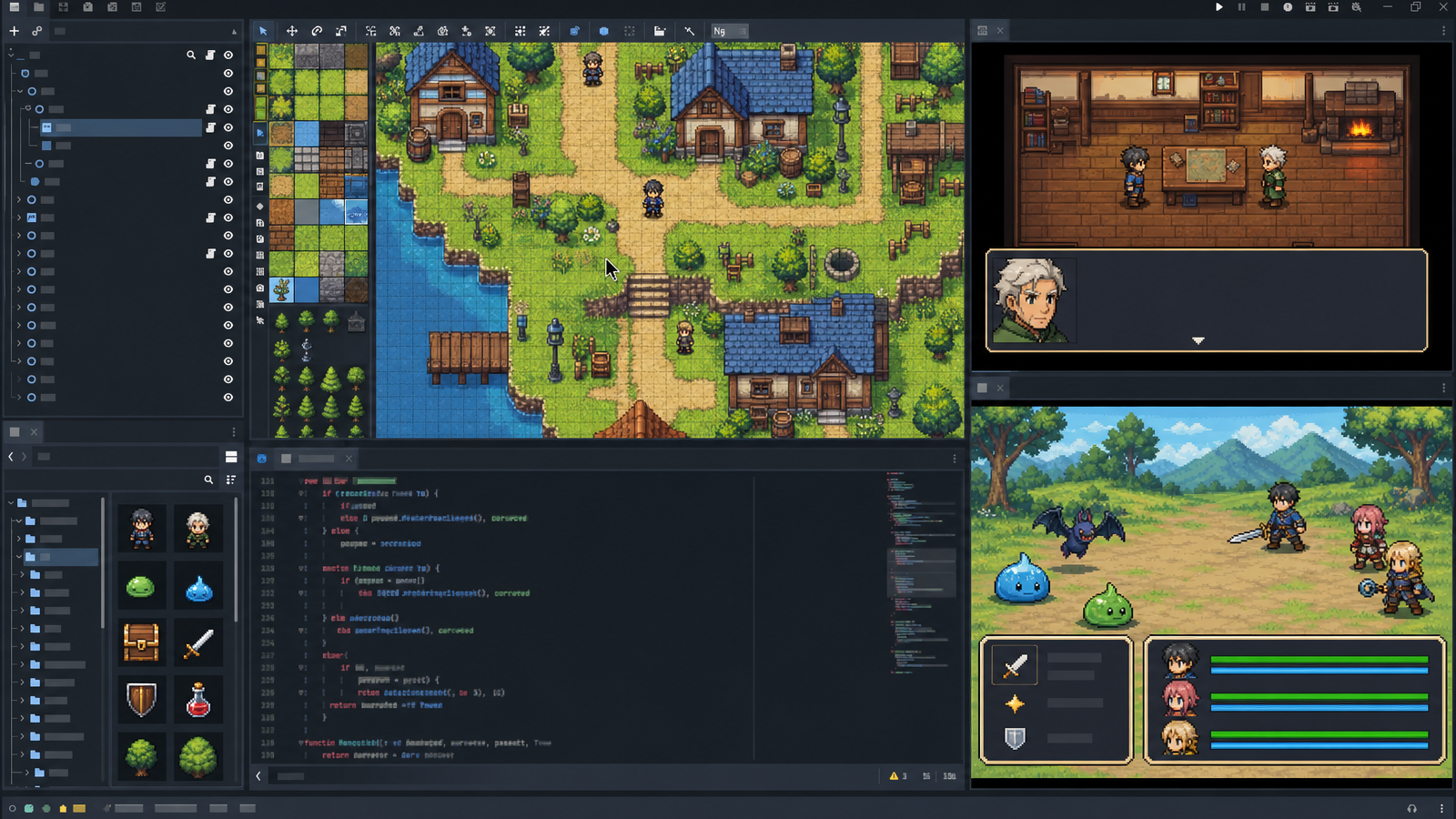 Godot style pixel RPG editor with tilemap, GDScript panel, dialogue preview, and turn based battle scene