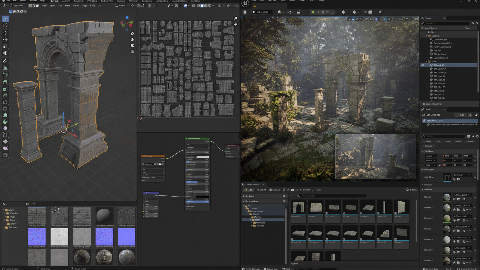 Blender to Unreal environment art workflow with modular ruins modeling and imported lit game engine scene