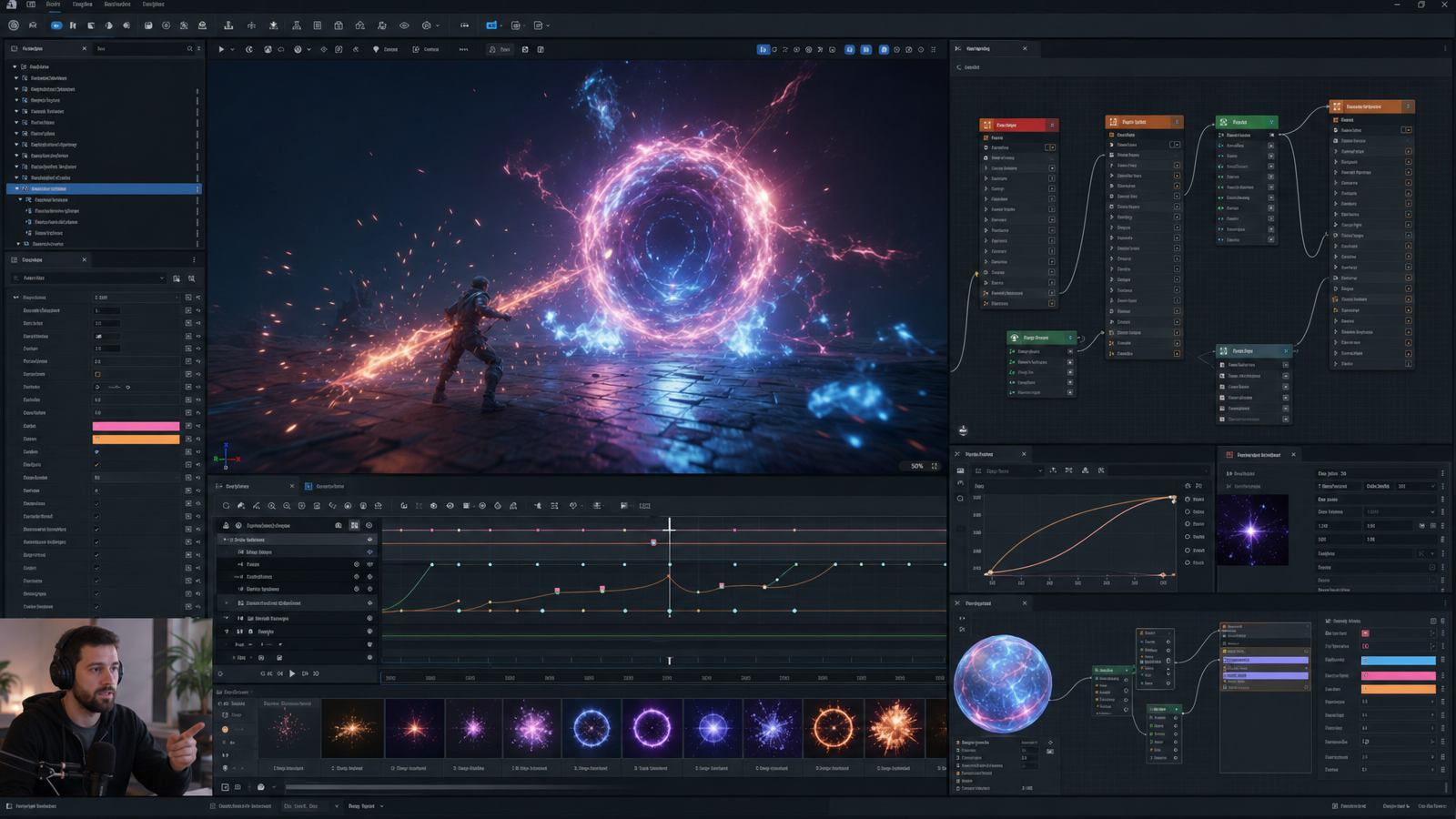 Niagara style game VFX editor with portal particles, parameter curves, graph modules, and effect preview