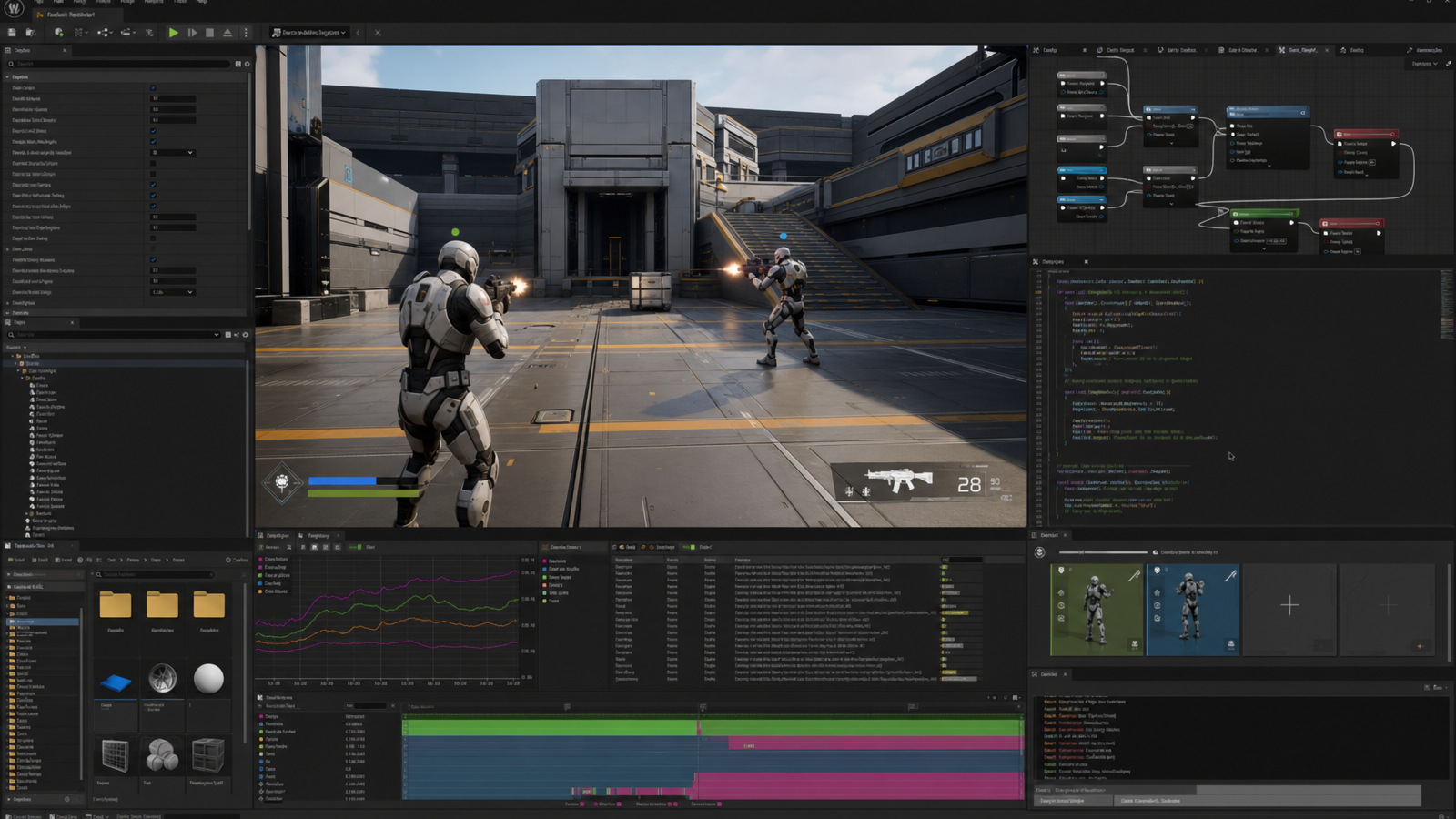 Multiplayer shooter editor with replication settings, network profiler, weapon code, lobby preview, and connected players