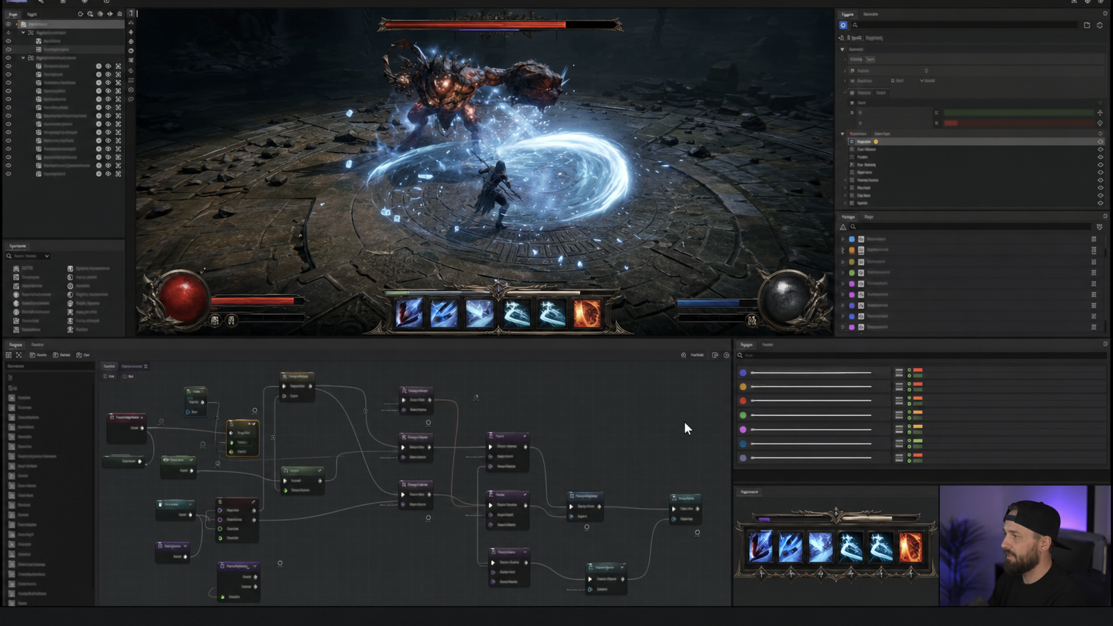Action RPG combat editor with ability graph, attributes, cooldown tags, combat log, and boss arena preview