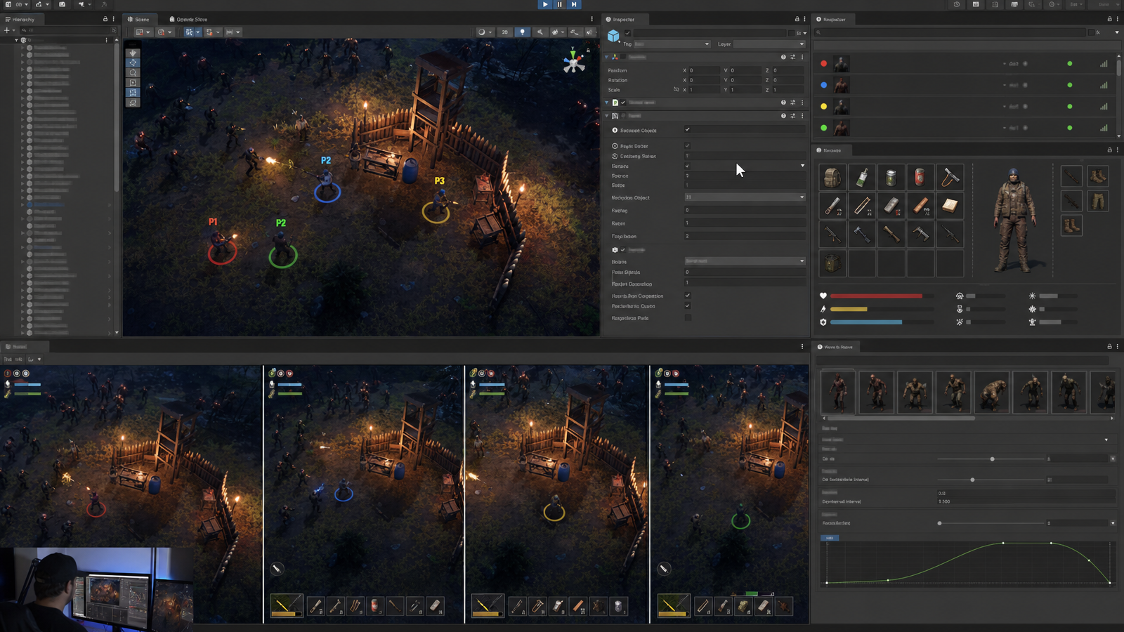 Co-op survival game editor with network objects, lobby state, loot inventory, wave spawner, and client previews