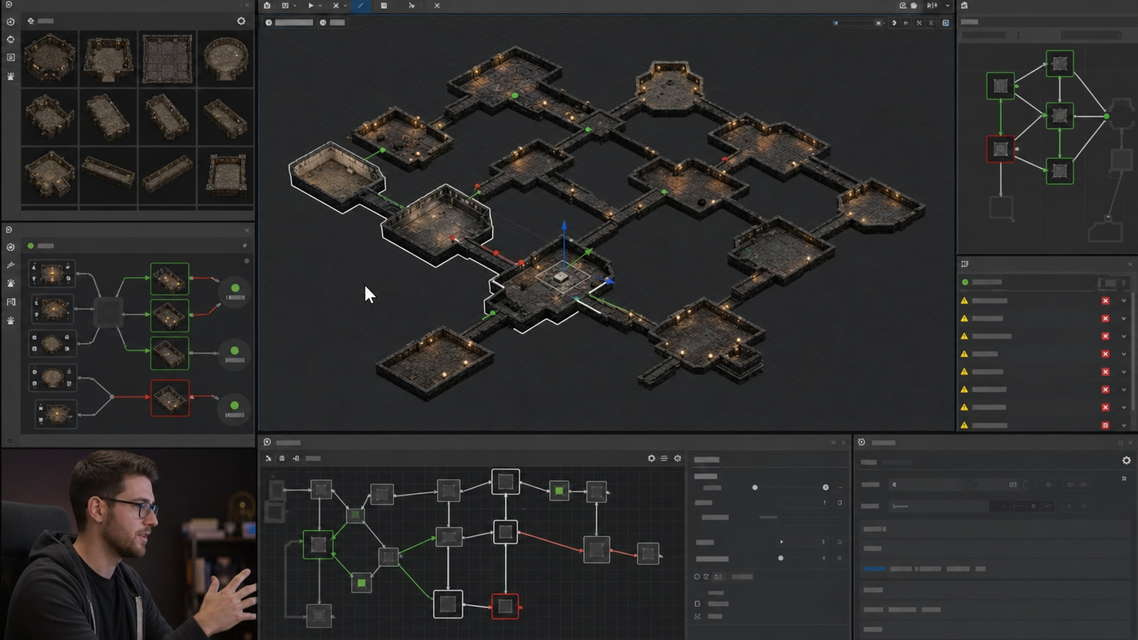 Procedural dungeon tool with generated rooms, corridors, grid, seed controls, room templates, spawn rules, and validation panels