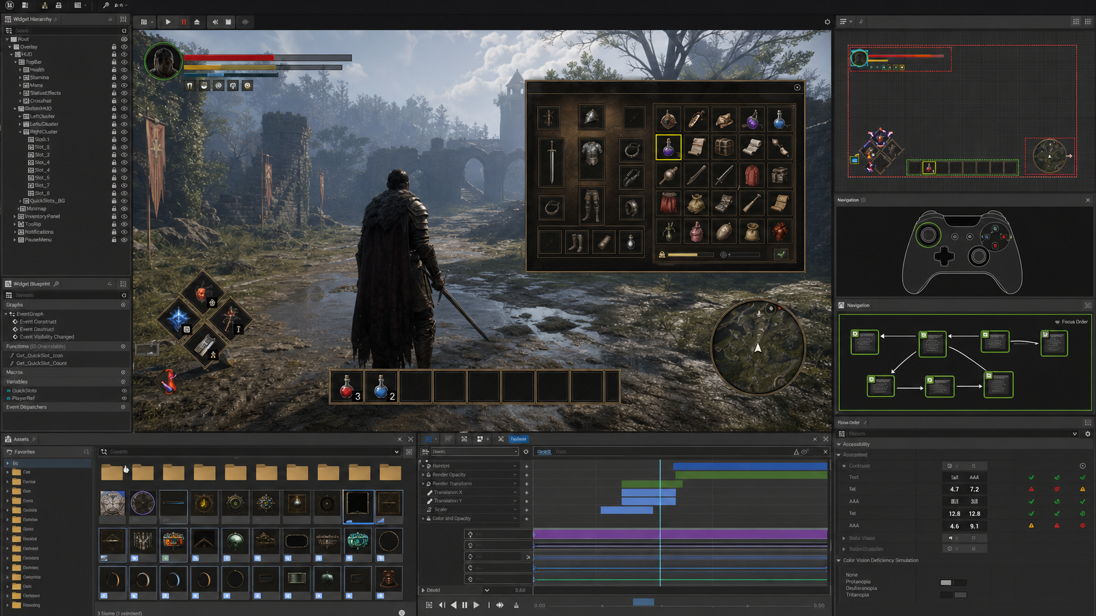 Game UI implementation screen with HUD, inventory overlay, widget hierarchy, input navigation focus map, and accessibility checks