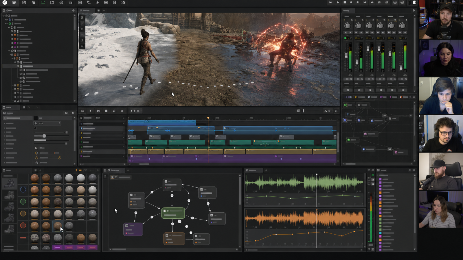 Interactive game audio screen with gameplay viewport, audio event timeline, mixer lanes, footstep surface table, and ambience state graph