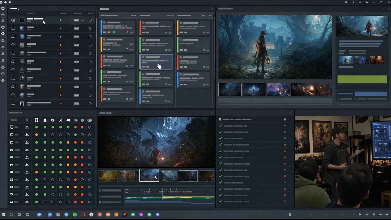 Indie game release operations dashboard with build versions, bug report board, test case matrix, store page preview, and hotfix checklist