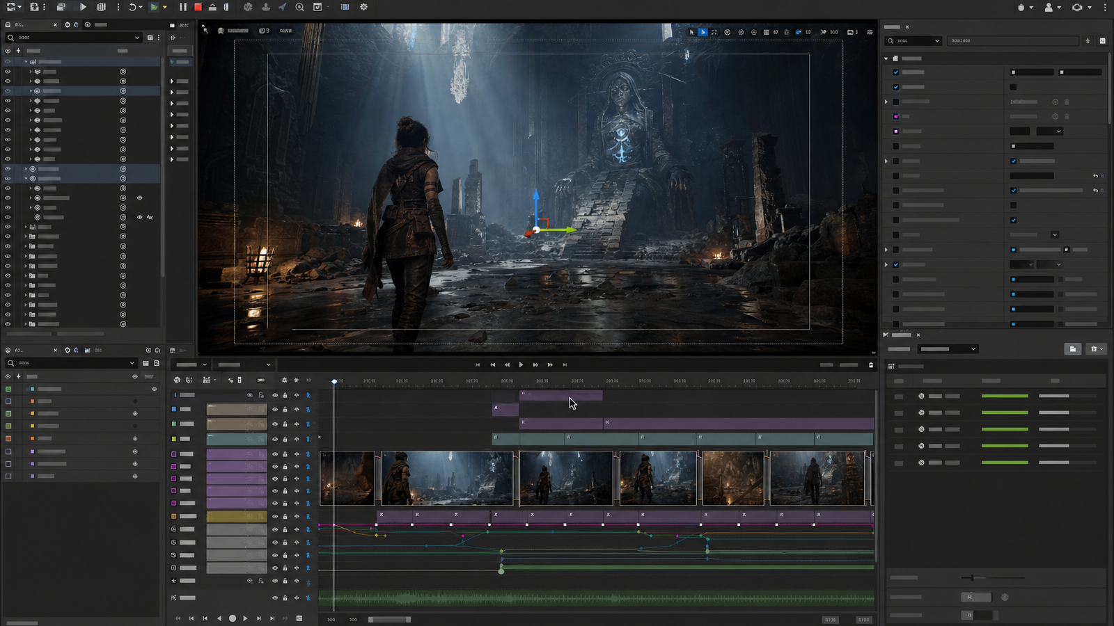 Game cinematic editor with dramatic viewport, sequencer timeline, camera cut tracks, lighting panels, VFX markers, and render settings