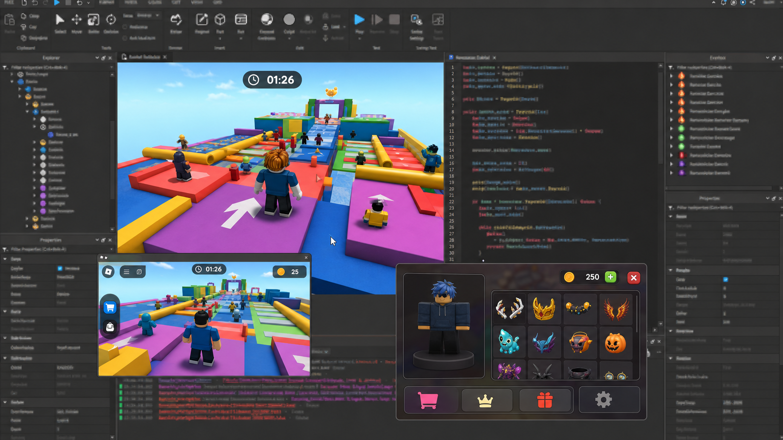 UGC minigame creation screen with blocky obstacle arena, Lua script panel, round timer, reward shop UI, and playtest window